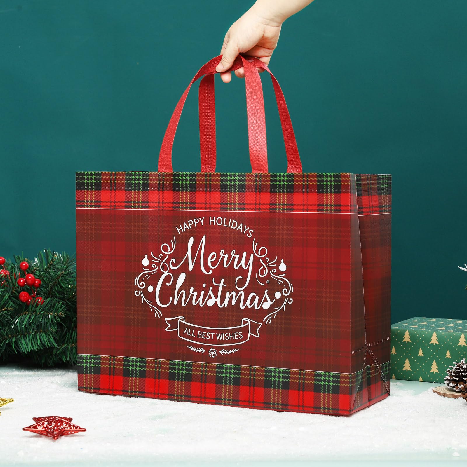 EssPur Extra Large Christmas Gift Bags 12 Pack Extra Large Gift Bags Jumbo with Handle Reusable Non-Woven XL Xmas Presents Wrapping Holiday Bags Tote Size 16.7 * 6.9 * 12.6in