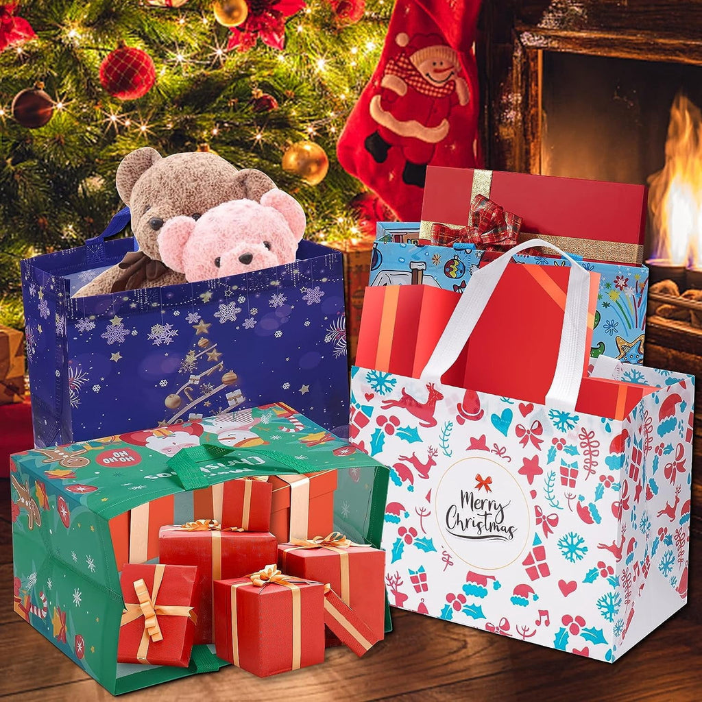 Harjon 12 Pack Christmas Gift Bags Large Reusable Tote Bags, Non-Wove Bags for New Year's Shopping, Christmas Surprise, Xmas Party Supplies,12.8"×9.8"×6.7"