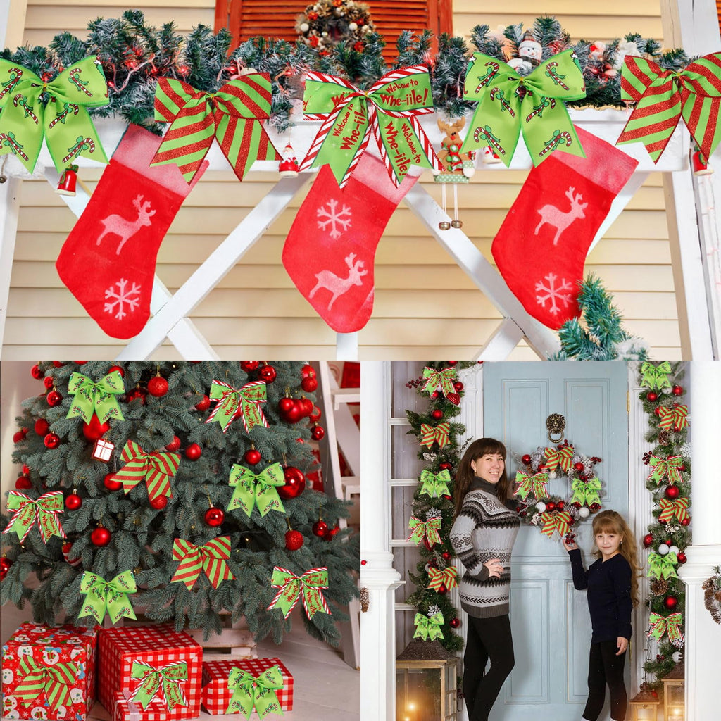 EssPur 12 Pcs Red Green Christmas Bows,6 Inch Large Christmas Wreaths Bows for Tree Gift Wrapping Garland,Christmas Decoration Holiday Party Crafts Xmas Tree Ribbon Ornaments (Pattern)