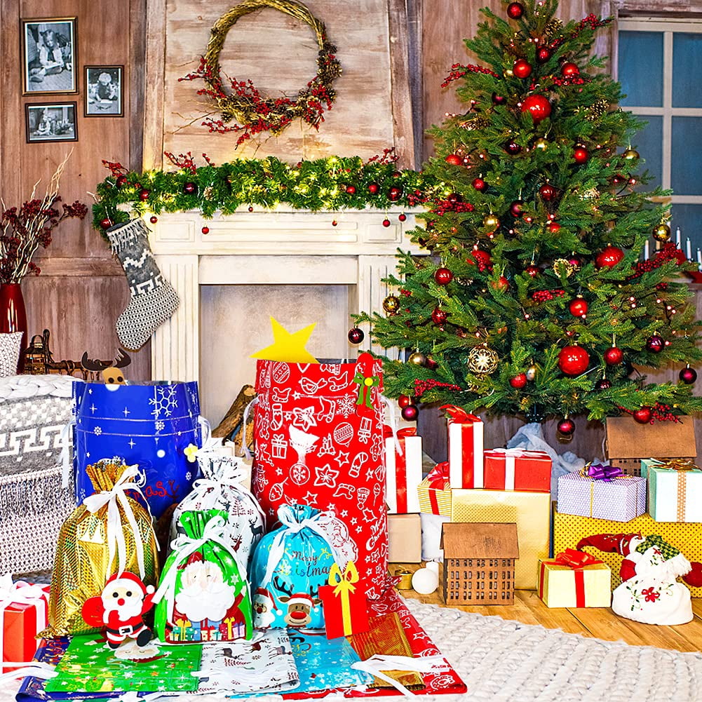 EssPur 30PCS Christmas Drawstring Gift Bags Assorted Sizes,Christmas Wrapping Bags Sacks Xmas Presents Fast Wrapping for Birthday Holiday Party Favor