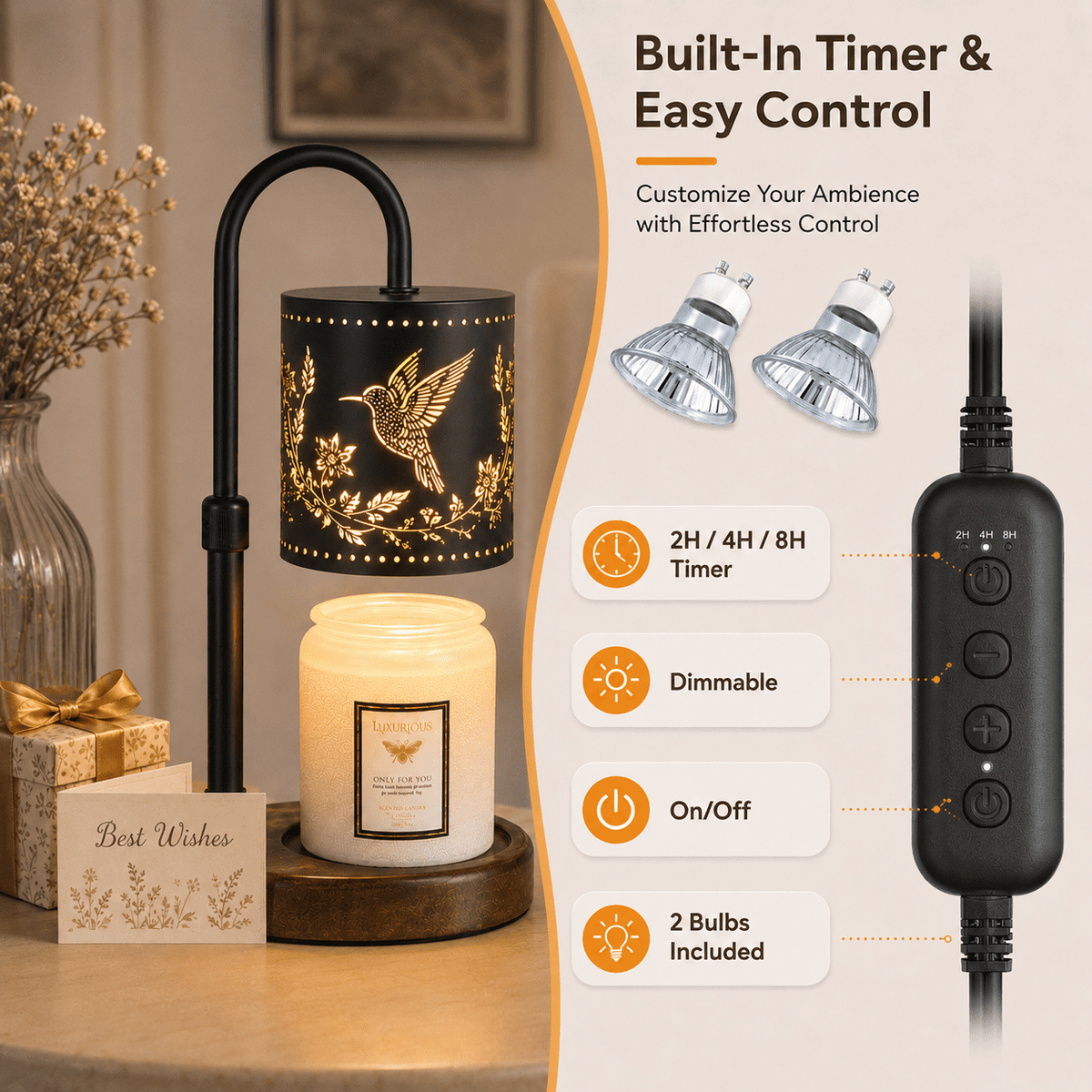 EssPur Candle Warmer Lamp with Timer Dimmer Adjustable Height for New Home Bedroom, Vintage Home Decor for Scented Jar(Hummingbird)