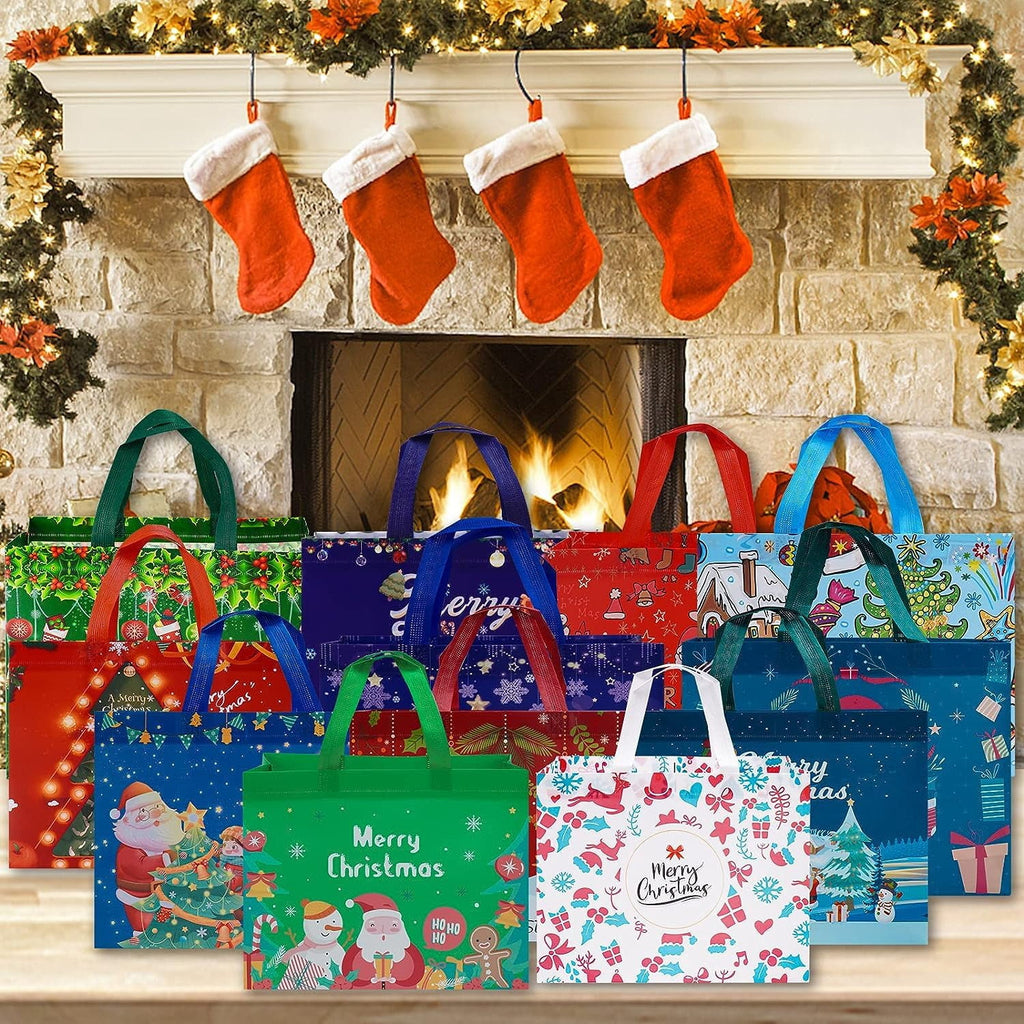 Harjon 12 Pack Christmas Gift Bags Large Reusable Tote Bags, Non-Wove Bags for New Year's Shopping, Christmas Surprise, Xmas Party Supplies,12.8"×9.8"×6.7"