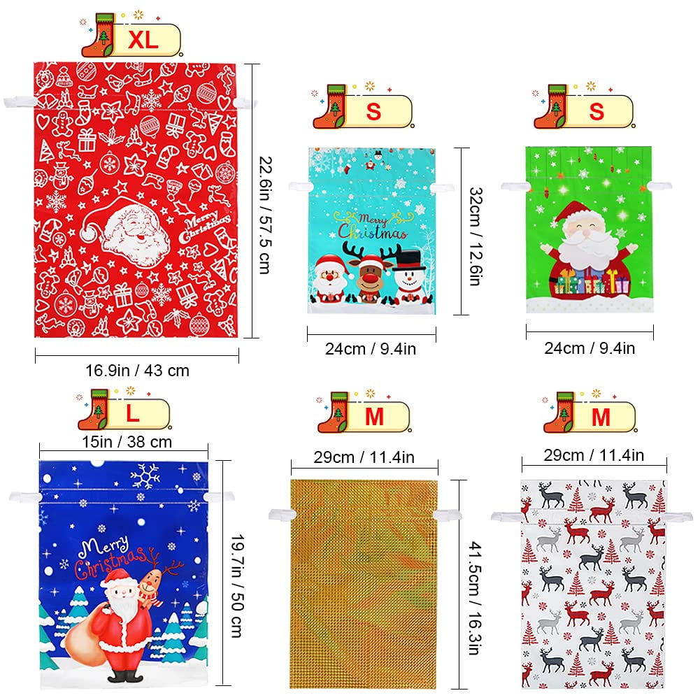 EssPur 30PCS Christmas Drawstring Gift Bags Assorted Sizes,Christmas Wrapping Bags Sacks Xmas Presents Fast Wrapping for Birthday Holiday Party Favor